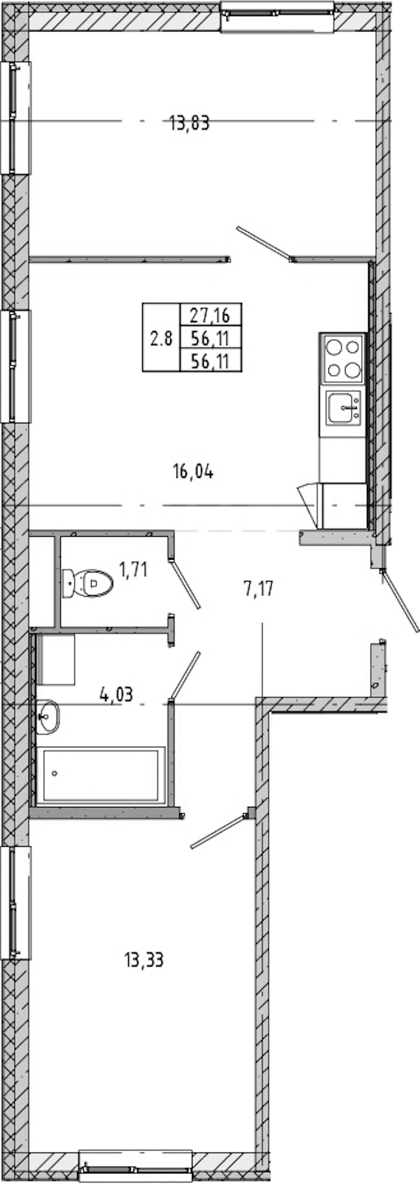 2-комнатная квартира 58.24 м², 1/17 эт., ЖК «Новые горизонты 2»